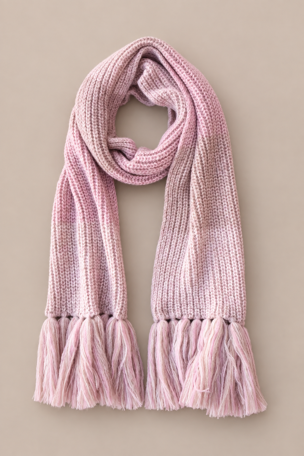 Elara ~ alpaca knit scarf with fringes, powder pink dégradé