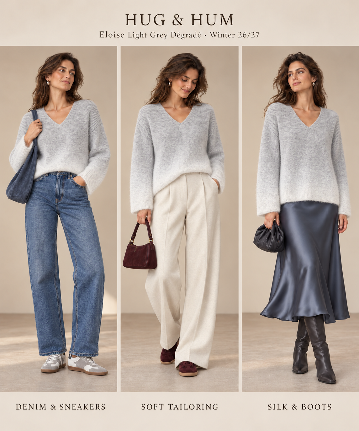 Eloïse ~ alpaca trui met V-hals, light grey dégradé